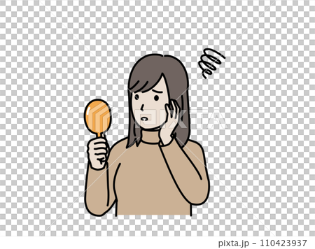 手鏡を見て困る表情をした若い女性のイラスト 110423937