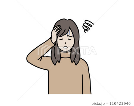 頭痛や貧血の症状　頭をおさえる若い女性のイラスト 110423940