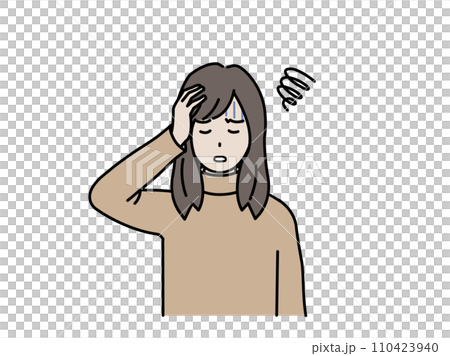 頭痛や貧血の症状　頭をおさえる若い女性のイラスト 110423940