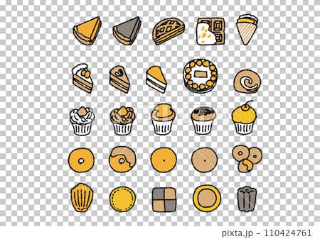 カップケーキ、ドーナツなど焼き菓子の手書きのイラストセット カップケーキ、ドーナツなど焼き菓子の手書きのイラストセット 110424761