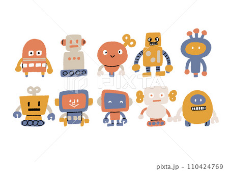 さまざまな形のロボットの手書きイラストセット さまざまな形のロボットの手書きイラストセット 110424769
