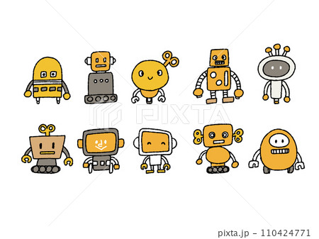 さまざまな形のロボットの手書きイラストセット さまざまな形のロボットの手書きイラストセット 110424771