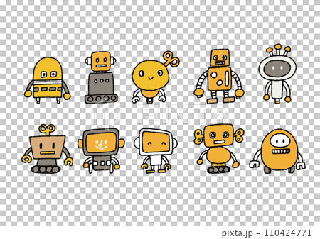 さまざまな形のロボットの手書きイラストセット さまざまな形のロボットの手書きイラストセット 110424771
