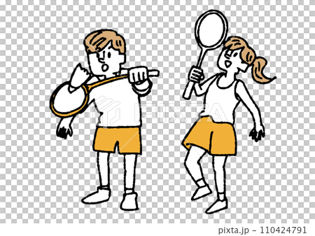 バドミントンをしている男女の手書きイラスト バドミントンをしている男女の手書きイラスト 110424791
