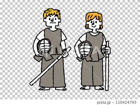 Hand-drawn illustration of men and women playing Kendo competition 110424793