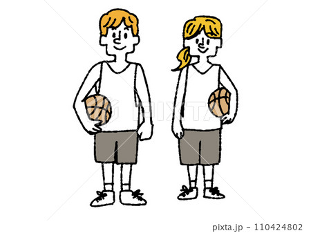 バスケットボールをしている男女の手書きイラスト 110424802