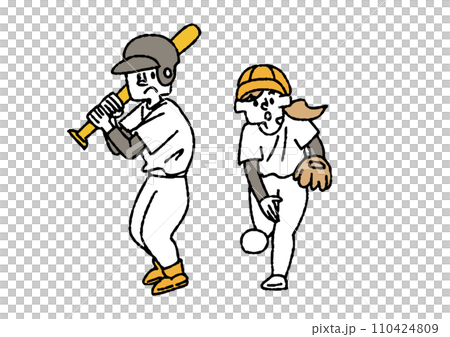 野球をしている男女の手書きイラスト 野球をしている男女の手書きイラスト 110424809