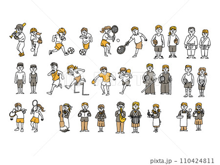 クラブ活動をしている生徒達の手書きイラストセット 110424811