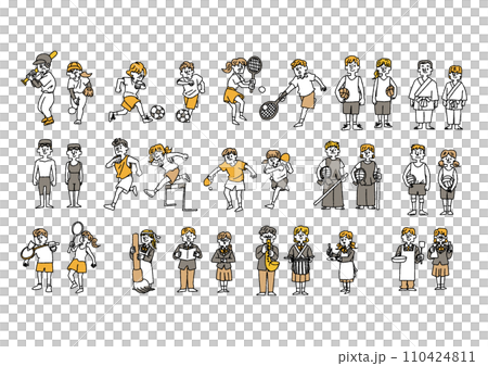 クラブ活動をしている生徒達の手書きイラストセット 110424811