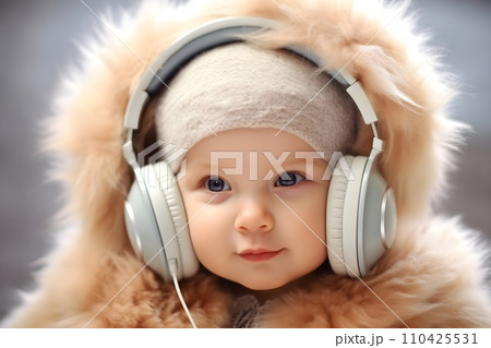 ヘッドフォンで音楽を聴く赤ちゃん1　AI生成画像 110425531