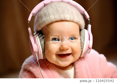ヘッドフォンで音楽を聴く赤ちゃん7　AI生成画像 110425542
