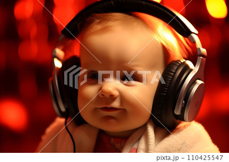 ヘッドフォンで音楽を聴く赤ちゃん10　AI生成画像 110425547
