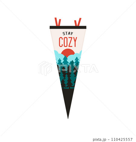 Adventure pennant. Camping Pennant flag design. Vintage outdoor sublimation with cozy forest landscape. Stock vector graphics 110425557