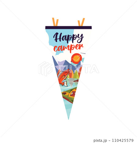 Adventure pennant. Camping Pennant flag design. Vintage outdoor sublimation with fishing landscape. Stock vector graphics Adventure pennant. Camping Pennant flag design. Vintage outdoor sublimation with fishing landscape. Stock vector graphics 110425579
