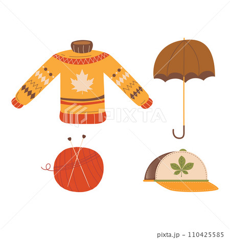 Autumn hand drawn clipart collection. Fall season symbols bundle. Autumn seasonal elements - cap, umbrella, cozy sweatshirt, mushroom. Harvest colorful set. Thanksgiving icons. Stock vector designs Autumn hand drawn clipart collection. Fall season symbols bundle. Autumn seasonal elements - cap, umbrella, cozy sweatshirt, mushroom. Harvest colorful set. Thanksgiving icons. Stock vector designs 110425585