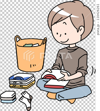 洗濯物をたたむ男性 110426261