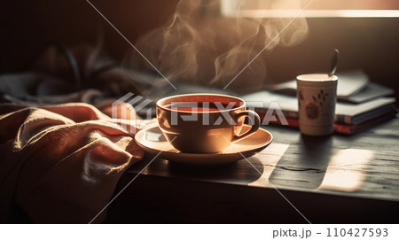 夕方窓辺のテーブルに置かれた温かいコーヒー・コーヒーカップ 110427593