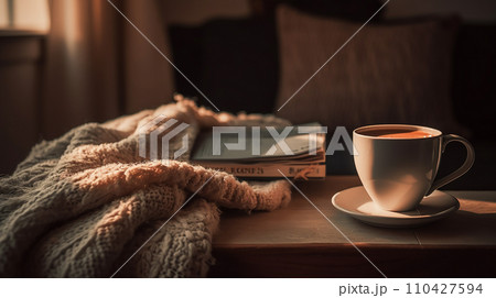 夕方窓辺のテーブルに置かれた温かいコーヒー・コーヒーカップ 110427594