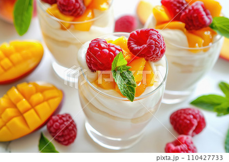 AI-generated content. Creamy yogurt with peach and mango topped with raspberries on a white background 110427733
