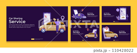 online taxi or rent transportation using smartphone service application with character and route points location on gps map for landing page banner, web, UI, flyer. Car sharing illustration bundle set online taxi or rent transportation using smartphone service application with character and route points location on gps map for landing page banner, web, UI, flyer. Car sharing illustration bundle set 110428022