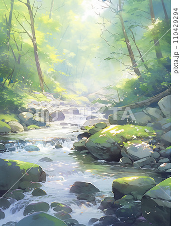 霧に包まれた幻想的な渓流 AI画像 霧に包まれた幻想的な渓流 AI画像 110429294