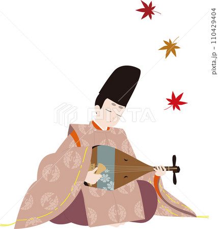 日本の古典衣裳。秋の紅葉と狩衣で琵琶を弾く男性。平安のイメージのイラスト 110429404