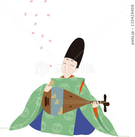 日本の古典衣裳。散る桜の花びらと狩衣で琵琶を弾く男性。平安のイメージのイラスト 日本の古典衣裳。散る桜の花びらと狩衣で琵琶を弾く男性。平安のイメージのイラスト 110429408