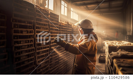 工場や倉庫で荷物の積み下ろしの重労働をする男性 110429586