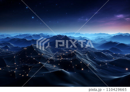 Digital mesh of mountain in a futuristic polygonal style by Generative AI 110429665