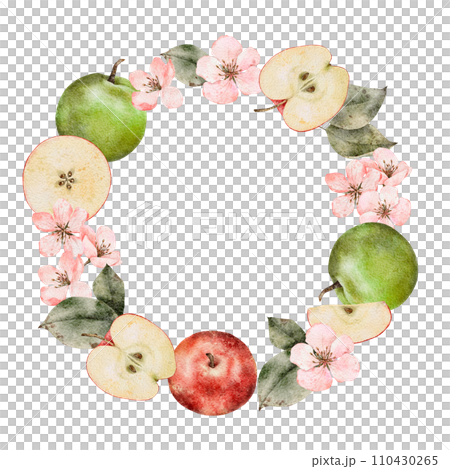 Watercolor blooming apple tree branches, green and red ripe Apples wreath. Hand drawn apple slices illustration for juice pack, card, invitation, tags Watercolor blooming apple tree branches, green and red ripe Apples wreath. Hand drawn apple slices illustration for juice pack, card, invitation, tags 110430265