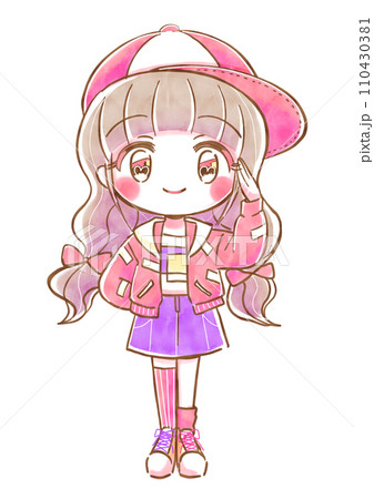 原宿ストリート系、ゆめかわファッションの女の子イラスト 110430381
