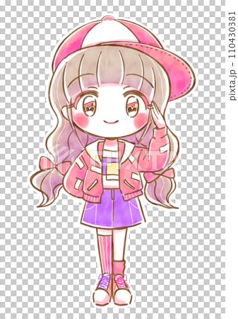 原宿ストリート系、ゆめかわファッションの女の子イラスト 110430381