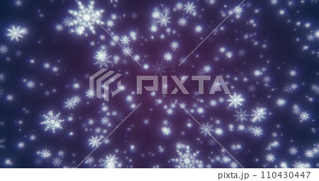 Christmas festive bright New Year background of white glowing winter beautiful falling flying snowflakes patterns on purple background 110430447