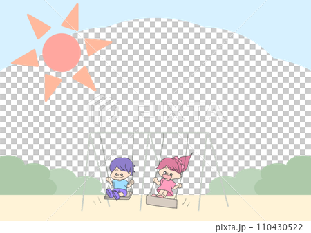 Illustration of a boy and a girl playing on a swing [A4/horizontal] 110430522