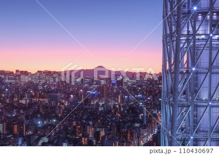 An evening Mt Fuji view from Solamachi building next to Tokyo Skytree in Tokyo, Japan. January 4, 2024 An evening Mt Fuji view from Solamachi building next to Tokyo Skytree in Tokyo, Japan. January 4, 2024 110430697
