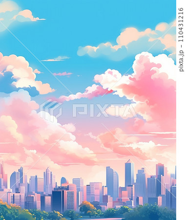 都市のスカイライン　アニメ風　AI画像 110431216