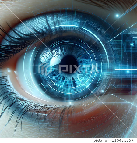 Close-up of human eye with digital vision concept. 3D rendering AI Close-up of human eye with digital vision concept. 3D rendering AI 110431357