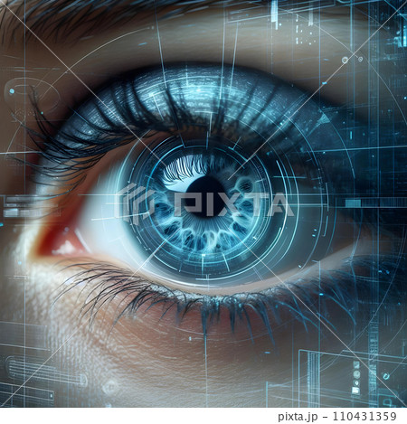 Close-up of human eye with digital vision concept. 3D rendering AI Close-up of human eye with digital vision concept. 3D rendering AI 110431359