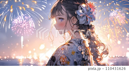 夕暮れの花火を見る浴衣の女性　AI画像 110431626
