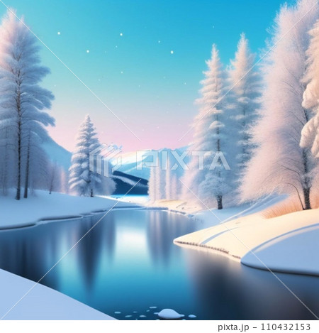 夜明けの空と雪景色の湖のイラスト 110432153