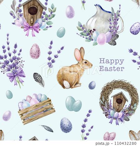 Festive Easter decor seamless pattern in tender colors. Watercolor painted illustration. Hand drawn rustic vintage style elements, bunny, tender colored eggs, wreath, flowers. Easter seamless pattern Festive Easter decor seamless pattern in tender colors. Watercolor painted illustration. Hand drawn rustic vintage style elements, bunny, tender colored eggs, wreath, flowers. Easter seamless pattern 110432280