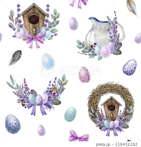 Easter festive decor seamless pattern in tender colors. Watercolor painted illustration. Hand drawn rustic vintage style elements, tender color eggs, wreath, spring flowers. White background 110432282