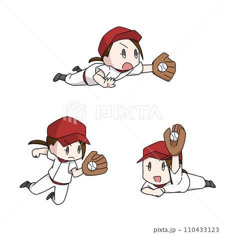 ダイビングキャッチする野球選手のイラスト3パターン・女子 110433123