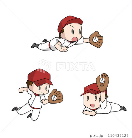 ダイビングキャッチする野球選手のイラスト3パターン・男子 ダイビングキャッチする野球選手のイラスト3パターン・男子 110433125