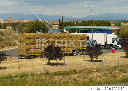 A truck transports hay on a semi-trailer. A truck transports hay on a semi-trailer. 110433255