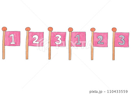 水性ペンと透明水彩絵の具で描いた紅色番号旗のイラスト横並び6個セット 110433559