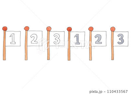 水性ペンと透明水彩絵の具で描いた白色番号旗のイラスト横並び6個セット 110433567