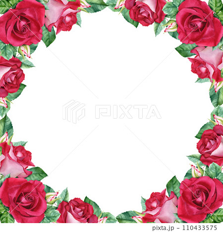 Frame with flower rose blooms, leaves and buds. Hand drawn watercolor illustration isolated on white background. For clip art cards invitation greeting label Frame with flower rose blooms, leaves and buds. Hand drawn watercolor illustration isolated on white background. For clip art cards invitation greeting label 110433575