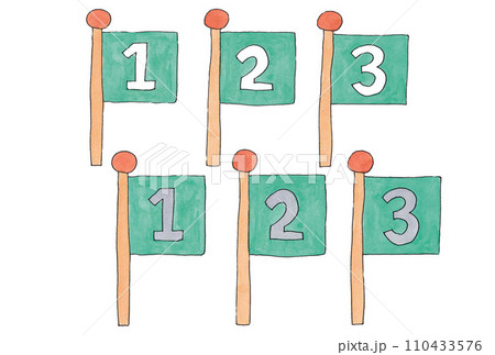 水性ペンと透明水彩絵の具で描いた緑色番号旗のイラスト6個セット 水性ペンと透明水彩絵の具で描いた緑色番号旗のイラスト6個セット 110433576