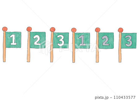 水性ペンと透明水彩絵の具で描いた緑色番号旗のイラスト横並び6個セット 水性ペンと透明水彩絵の具で描いた緑色番号旗のイラスト横並び6個セット 110433577